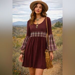 Nuvula Bohemian Burgundy Hippie Chic Plaid Bell Sleeve Bubble Dress Size Medium